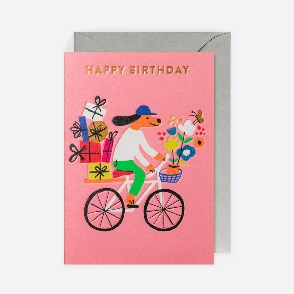 Atvirukas. Happy Birthday Dog on Bike