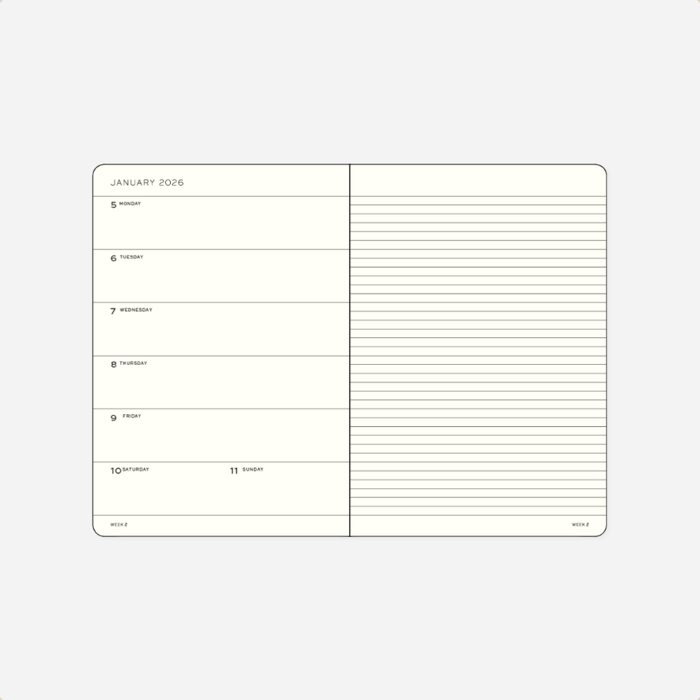 Kalendorinė planuotė. Savaitinė su užrašų lapu [B6+] 2026