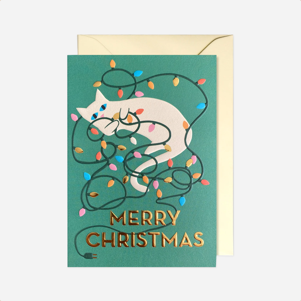 Atvirukas. Cat with Fairy Lights